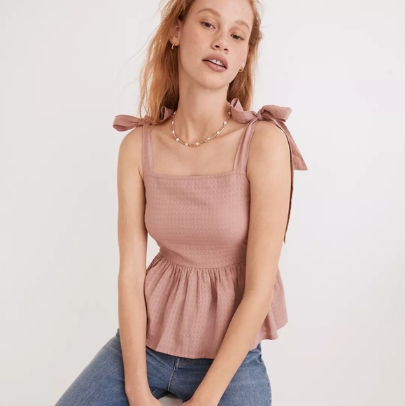 Madewell Rosalie Tie-Strap Top in Textured Gingham Faded Mauve - Picture 1 of 13